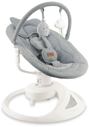 MoMi Babywippe PEARL für Babys bis 9 kg, 360° drehbarer Sitz, LED-Panel, Bluetooth, Fernbedienung, Batterie- oder Netzbetrieb, Netzteil mit USB-Kabel, 5-Punkt-Sicherheitsgurt, Bügel und Spielzeug