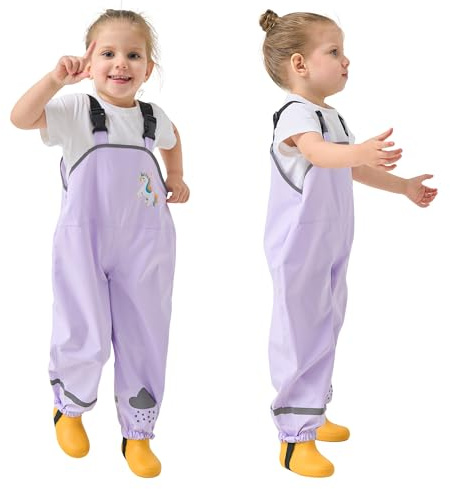 Domueay Pantalon Impermeable Niñas Pantalón Barro con Tiras Reflectantes Peto de Lluvia Animados Dibujos Pantalón de Lluvia Exterior Ropa Impermeables Infantil 2-3 años, Caballo Morada