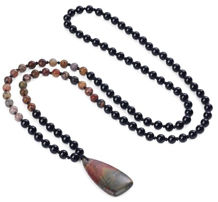 COAI Collana Mala 108 Grani di Onice e Diaspro Picasso, Collana Rosario da Uomo e da Donna con Perline di Pietre Dure Naturali Annodate a Mano