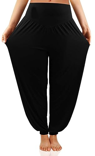 Cegerne Yogahose Damen Haremshose Sport Curvy Jogginghose Pluderhosen Freizeithose Elegant Lang Sporthosen, Schwarz, L