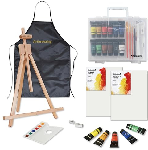 Artbreezing Acryl-Maler-Set, Malerset mit Tischstativ, Pinseln, Leinwand u.ä., Künstlerbedarf-Set für Schüler, Künstler und Anfänger (12 * 22ML)