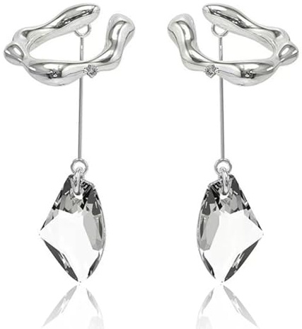 DOKRIN Women's Earrings, ear cuff 1 paio di orecchini a clip da donna con pendente in cristallo, regolabili, non richiedono fori all'orecchio (argento)