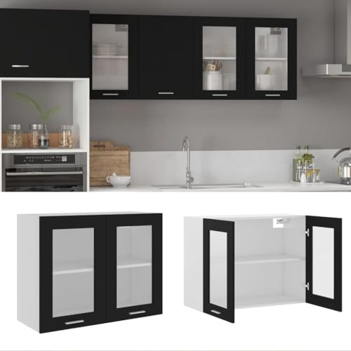 QZZCED Vetrina sospesa Lyon colore nero, 80 x 31 x 60 cm, in legno, armadio da cucina con vetro a due ripiani, design funzionale per stoccaggio organizzato, armadio