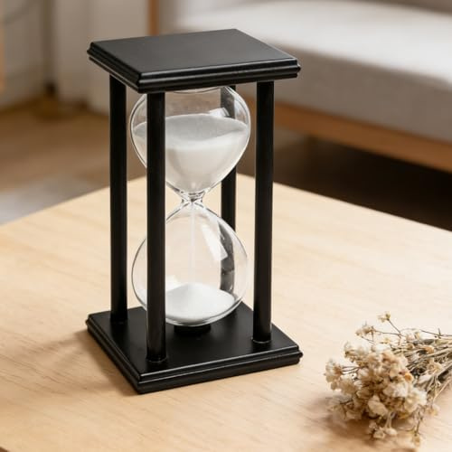 Clessidra timer 60 minuti, 20 x 10 cm, clessidra decorativa con cornice in legno nero, grande clessidra in legno, clessidra timer per regali, cucina, casa, ufficio, scrivania (sabbia bianca)