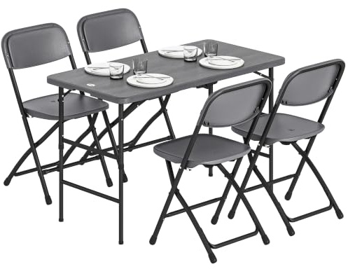 Outsunny Conjunto de Mesa y Sillas Jardín de 5 Piezas Gris Oscuro | Muebles de Jardín Exterior, Mesa Plegable Ajustable de 55 a 74 cm, 4 Sillas Plegables, Encimera de HDPE, para Terraza Patio