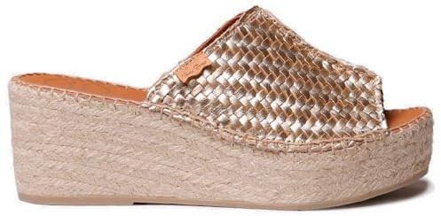 TONI PONS - Zueco con cuña y Plataforma de Esparto,Alpargata,espadril,Dedos Fuera,de Piel,Yute,Sencilla,Casual, para: Mujer Color: Platino Talla:40