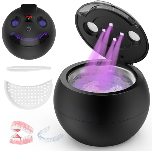 Dental Ultrasonic Retainer Cleaner - 48kHz Dental Cleaning Pod for Denture, Braces, Mouth Guard, Toothbrush Heads, Jewelry, 4 Modes Retainer Cleaner Machine with Digital Timer & 200ML (Black)