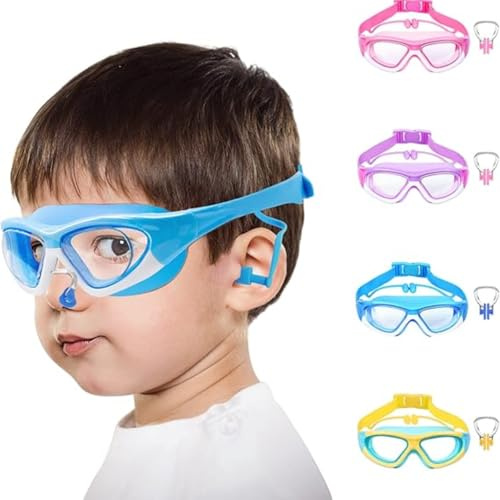 Lunettes de natation pour enfants de 3 à 12 ans avec bouchons d'oreille et nez, lunettes de piscine améliorées anti-buée et sans fuite pour garçons et filles
