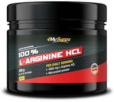 My Supps 100% L-Arginin HCL Pulver 250 g – 4.000 mg pro Portion – vegan, geschmacksneutral & gut löslich – inkl. Messlöffel – mit Vitamin B6 – laborgeprüft & Made in Germany