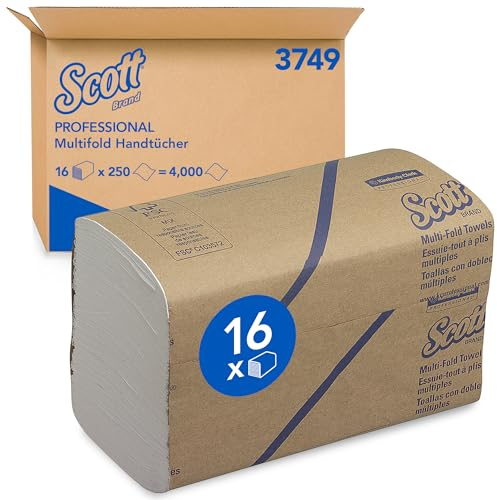 Scott Multifold Handtücher 3749, weiße, 1-lagige Papierhandtücher mit Faltung, aus FSC-zertifiziertem Papier, für das tägliche Abtrocknen der Hände, 16 Packungen x 250 Papierhandtücher (insg. 4.000)