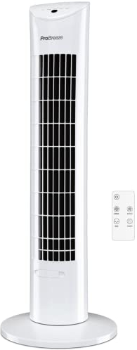 Pro Breeze Ventilador Torre 76cm 60W con Temporizador y Cajón de Aromas. Potente Brisa, 3 Modos y Oscilación 70° - Ventilador silencioso con mando a distancia – Ventilador portátil - Blanco