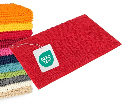 WohnDirect Badematte 50x80 cm Rot – Saugstarker Duschvorleger & Badvorleger – Weicher Hochflor Badezimmerteppich Rechteckig, Waschbar & Oeko-Tex (Versand aus DE)