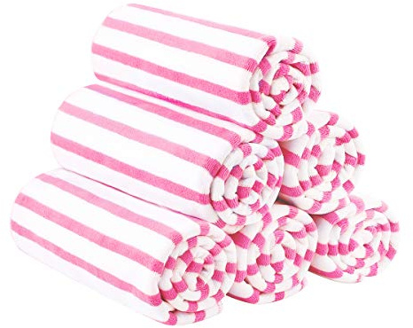 JML Microfiber Beach Towels Set of 6, 27 x 55, Large Bath Towel Cabana Stripe- Absorbent Quick Dry, No Fading, No Linting for Hair Wrap, Sauna, Pool, Sport, Yoga, Camping, Swimming, Pink