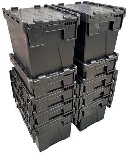 Loadhog Heavy Duty 100% Recycled Plastic 25 Litre Attached Lidded Container Storage Box Totes (L 400 x W 300 x H 305 mm) Black - Pack of 10