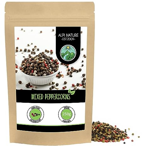 Alpi Nature Poivre Baies en Grain Mélange 250g, Grains de Poivre Entiers Noir, Blanc, Rose et Vert