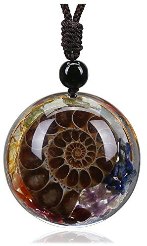 JOVIVI 7 Chakra Healing Crystal Stone Necklace Ammonite Fossil Natural Round Gemstone Spiral Protection Amulet Pendant Necklace for Women Men Jewellery