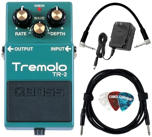 Boss TR-2 Tremolo Bundle with Gearlux Power Supply, Instrument Cable, Patch Cable, and Picks