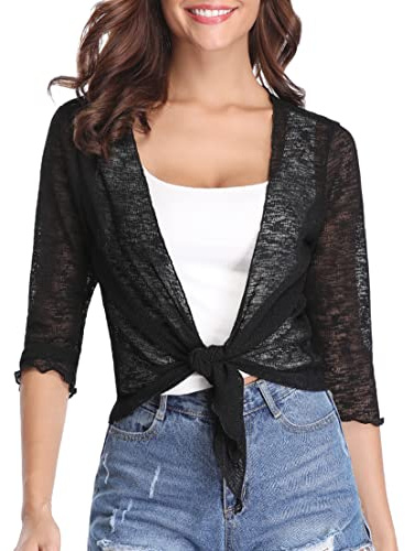 Gyabnw Beach Coverups Women UK Short Sleeve Cardigan Tie Front Shrugs Sheer Lace Bolero Summer Lightweight Jacket for Dress