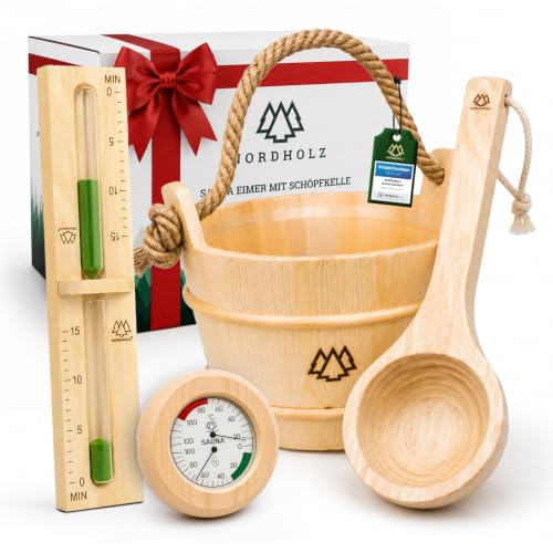 NORDHOLZ® Sauna Eimer Set mit Kelle, Sanduhr und Thermometer/Hygrometer aus 100% nordischer Fichte - Hochwertiges Sauna Zubehör - Saunaeimer Set mit PVC Einsatz - Perfekt als Geschenk