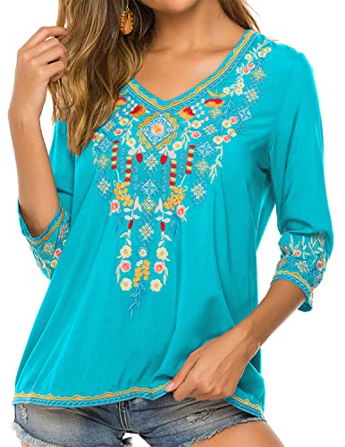 Vakakado Hippie Vêtements Dames Bohème Folklore Broderie Blouse Manches 3/4 Col V Tunique D'été Haut Décontracté
