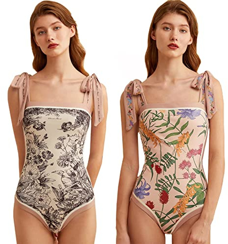 HIDRUO Women Floral One Piece Swimsuits, Square Neck Reversible Tie Shoulder Monokini, Tummy Control Bathing Suits (S, Pink)