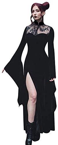 YUDATPG Sexig klänning för kvinnor spets lång utsvängd ärm sjöjungfru hög hals midja halloween gotisk häxa cosplay maxiklänning | Sexig delad klänning