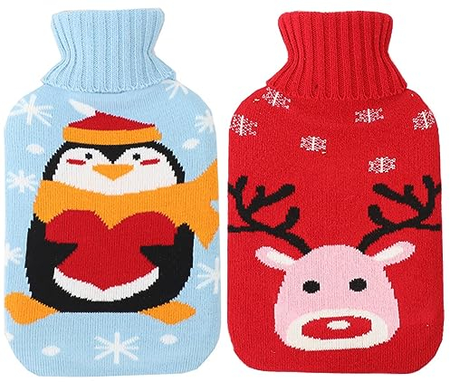 2 Pezzi Borsa Dell'acqua Calda, 1L Borsa Dell'acqua Calda con Coperchio Borsa Dell'acqua Calda Lavorata a Maglia Borsa Dell'acqua Calda Addensata in Gomma, Blu+Rosso