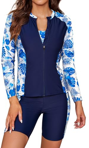 SHEKINI Set Tankini da Donna in 3 Pezzi con Maniche Lunghe, Rash Guard, Chiusura con Cerniera, Camicia da Nuoto, Surfshirt, Gilet, Top Bikini, Costume da Bagno, Pantaloncini da Bagno, Pantaloncini