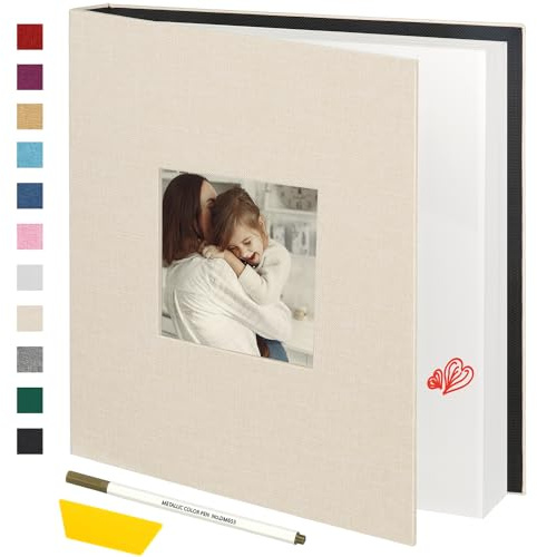 Miaikoe Large Photo Album Self Adhesive Scrapbook Album for 4x6 5x7 8x10 Pictures,60 Pages Linen Cover Album with Display Window DIY Book with A Metallic Pen and Scraper (Beige)
