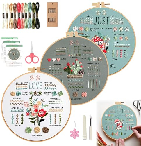 YIZWINS Kit de Démarrage de Broderie, 3 Pcs Kit Débutant, Point de Croix, Avec 2 Cadres Pour Activité Manuelle Adulte, Loisirs Créatifs, DIY