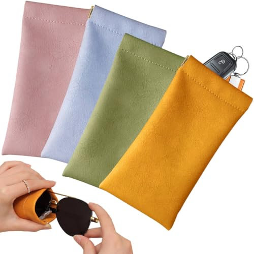 HZYIQ Custodia Occhiali Morbida, 4 Pz Porta Occhiali Morbido in Pelle PU Custodia Occhiali da Sole, Portatile Borsa Occhiali Astuccio con Chiusura a Scatto for Donna Uomo (Rosa Arancione Verde Blu)