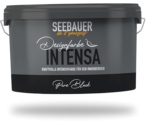 SEEBAUER diy Intensivfarbe INTENSA Schwarz 2,5L (Pure Black) Edelmatte Wandfarbe Tiefschwarz - Innenfarbe sehr hohe Deckkraft - Matt, Abwaschbar und Tropffrei