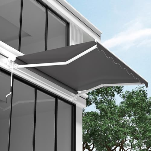 Toldo Manual Retráctil 4x3M, Toldo de Pared para Exterior Terraza Balcón con Manivela de Metal Impermeable, Enrollable Articulado Anti-UV 50+, Manivela Marco, Techo Exterior Lluvia, Gris Oscuro