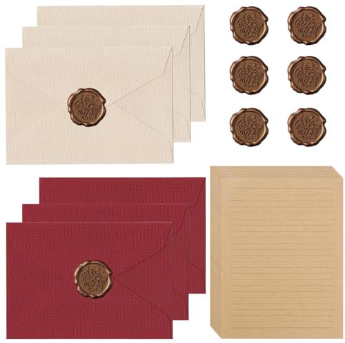 22 Stück Briefpapier Vintage Papier, Set mit 6 Leinenumschlag Umschläge und Wachssiegel 10 A5 Briefpapier Vintage Papier, Kraftpapier Umschläge, für Geburtstag, Hochzeits Einladung Grußkarten