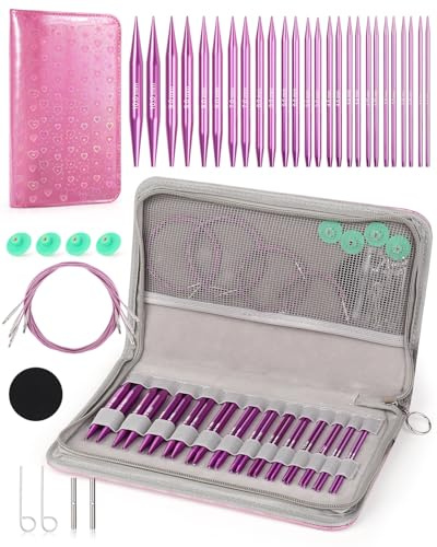 Coopay Interchangeable Circular Knitting Needles Set, 13 Pairs of 10.5cm Metal Circular Knitting Needles Set, 3.0-10.0mm Purple Round Knitting Needle with Case & Accessories, Perfect for Knitter