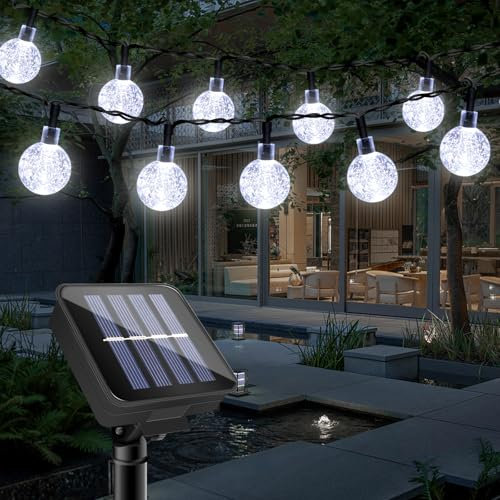 Outdoor Waterproof Solar Garden Crystal Ball Lights, 7M/23FT 50LED with 8 Modes Night Fairy String Lights Decoration, Suitable for Garden, Terrace,Camping, Party, Gazebo,Christmas (Cool White)