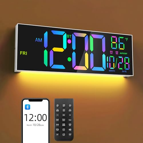 Mee 2ou Orologio da Parete Digitale 16,5 con Bluetooth, Luce Notturna, Dimerabile, 2 Allarmi, Temperatura, Colori RGB, Telecomando, 12/24H, Timer – Salotto, Ufficio, Anziani
