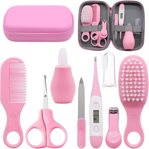 GUGU Baby 8-i-1 baby groomingkit, nyfödd babyvård, blå eller rosa, babyhår nagel termometer vård, set för bebisar, småbarn, flickor och pojkar manikyrset (rosa)