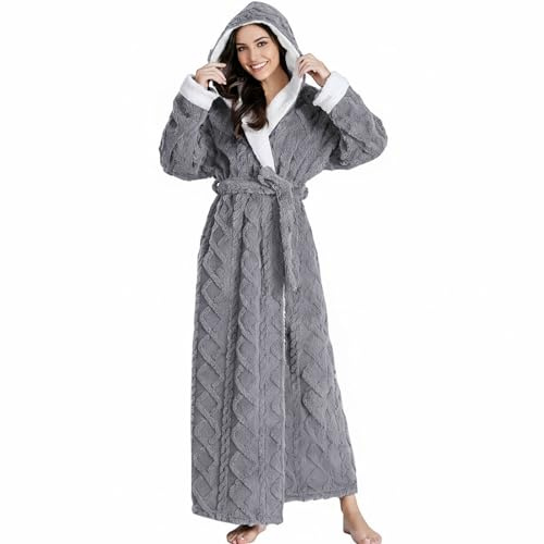 PUTUO Women Dressing Gown with Hood: Fluffy Long Fleece Bath Robe for Ladies – Winter Warm Thick Luxury Hooded Bathrobe for Women Grey XL