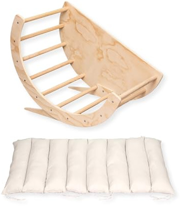 Buxibo 2-in-1 Kletterbogen mit Kissen – Spielbogen aus Holz – Montessori Klettergerüst – 80x47x58 cm – Natur