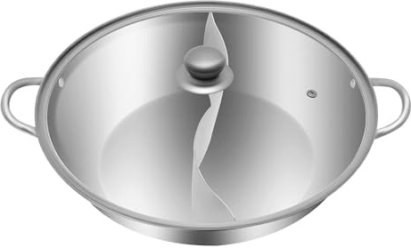 Olla de acero inoxidable de 34 cm con tapa de cristal, con divisor, 2 cámaras, olla china, olla de acero inoxidable, olla caliente doble para cocina de inducción, cocina eléctrica, cocina de gas