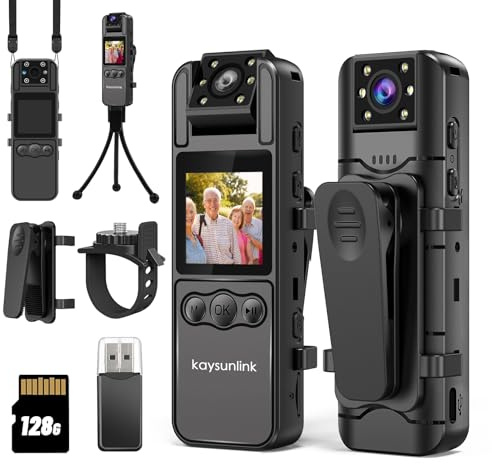 kaysunlink 4K Körperkamera mit Audio- und Videoaufnahme, WiFi Modus, Mini-Polizei, tragbar, klein, persönlicher Camcorder, Sport, Action, Outdoor-Videorecorder (128 GB)