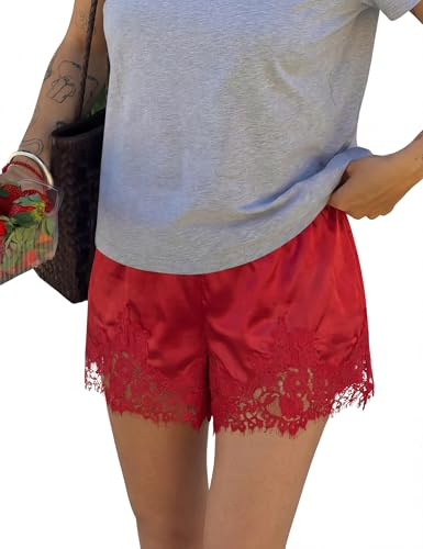 LOMON Women Satin Silk Lace Shorts Low Rise Mini Shorts Coquette Lounge Half Slip Pj Bottoms French Knickers Brick Red XS