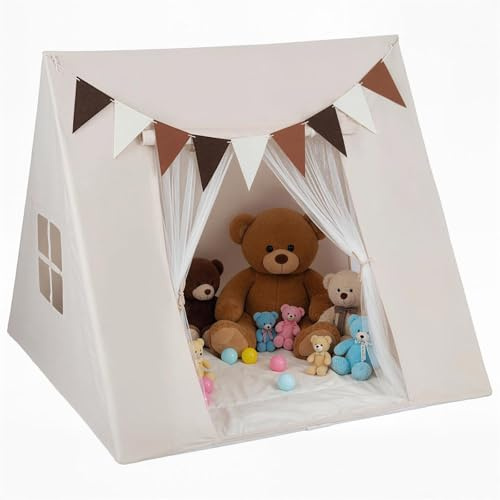 HOMASIS Tienda de Campaña Infantil para Interiores, Tienda de Juegos con Alfombra Acolchada, 2 Ventanas, Cortina y 9 Banderas, Tienda para Niños y Niñas,Cabañas para Niños