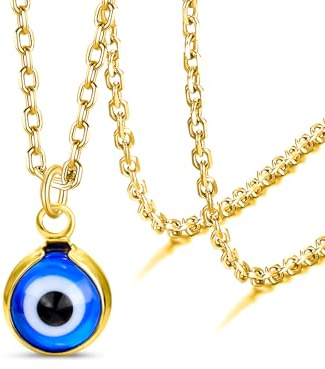 VASSAGO Collier mauvais œil pour femme et homme en acier inoxydable avec pendentif mauvais œil en corde de cuir mignon bohème minuscule protection porte-bonheur amulette spirituelle cadeau (Or)