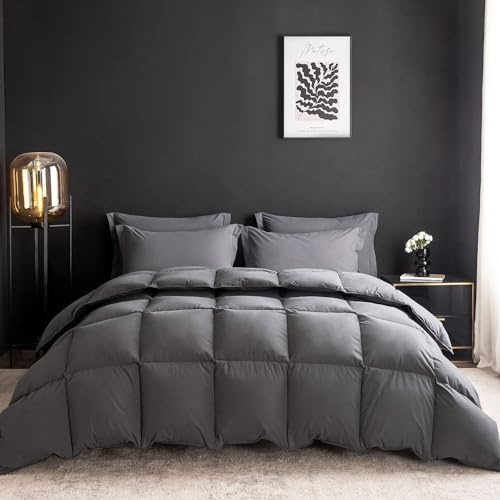 WENERSI Feather Down Fiber Comforter King Size,Hotel Style Bedding Comforter,750+ Fill Power,1200TC,100% Organic Cotton Fabric,All Season Grey Duvet Insert with 8 Corner Tabs
