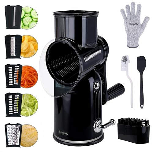 SLEEKDR 5-in-1 Rotary Cheese Grater Vegetable Slicer with Handle - Upgraded Hand Crank Cheese Grater with Handle and Strong Suction Base, Multi-Purpose Slicer with 5 Blades (Black)