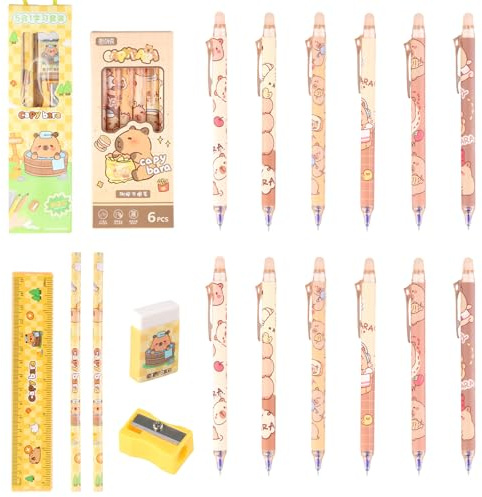 12 Pezzi di Penne Cancellabili con Set di Matite 5-in-1, 0,5 mm Blu Penne Gel Retrattilil, Capybara Erasable Gel Pens con Gomma Superiore, Carino Penna Roller per Forniture Scolastiche per Ufficio