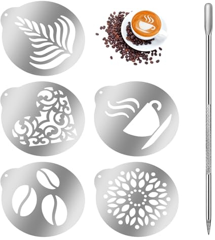Guduling 6 stycken latte konstpennor, kaffemallar, kaffestenciler av rostfritt stål, kaffekonst penna set för cappuccino, varm choklad och kakdekoration för hemmet eller kaféet (silver)