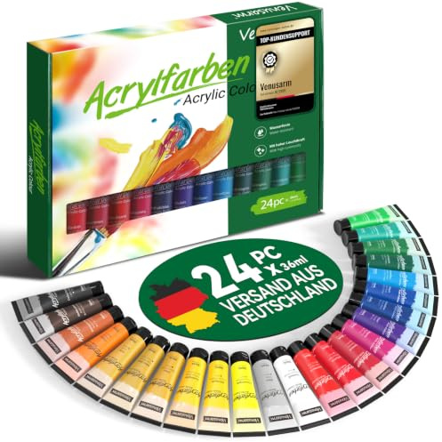 Venusarm Acrylfarben Set 24x36ml Ungiftig, Acrylic Paint Set Lichtecht and Gute Deckkraft, Wasserfest Acrylfarbe Set für Leinwand Holz Papier Stoff Stein Schnell Trocknend